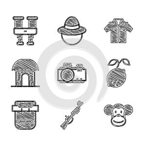 Set Photo camera, Hunting gun, Monkey, Lemon, Hiking backpack, African hut, Shirt and Binoculars icon. Vector
