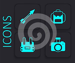 Set Photo camera, Medieval arrow, Hiking backpack and Bulletproof vest icon. Black square button. Vector