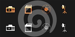 Set Photo camera, SD card, Camera shutter and Softbox light icon. Vector