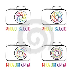 Set of photo camera symbols, icons, logos and labels.