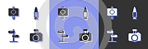 Set Photo camera, Target sport, Road traffic sign and Bullet icon. Vector