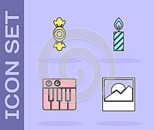 Set Photo, Candy, Music synthesizer and Birthday cake candles icon. Vector