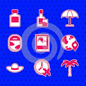 Set Photo, Clock with airplane, Tropical palm tree, Location on the globe, Elegant women hat, Airplane window, Sun