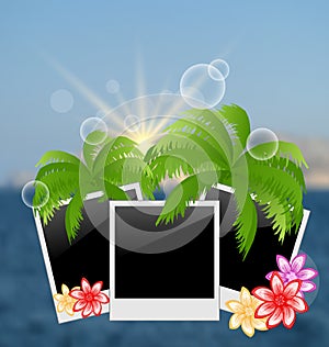 Set photo frame with palms, flowers, on blurred seascape background