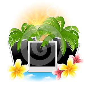 Set photo frame with palms, flowers frangipani, seascape background