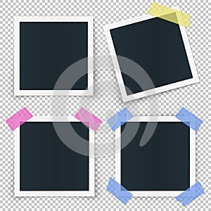 Set of 4 photo frames, stickied with colored transparent tape pieces, isolated vector illustration on transparent