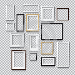 Set of Photo Realistic Square White, Black and Wood Blank Picture Frame, hanging on a Wall from the Front