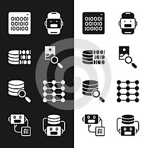 Set Photo retouching, Binary code, Chat bot, Server, Neural network, Artificial intelligence robot and icon. Vector