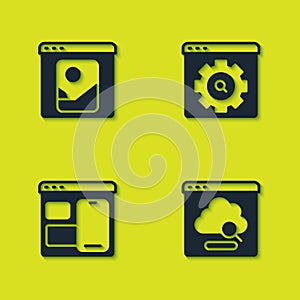 Set Photo retouching, Cloud technology data transfer, Web developer programming code and Browser setting icon. Vector