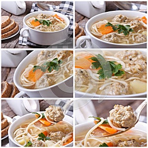 Set of photo soup with meatballs and noodles