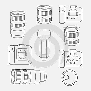 Set of photo studio equipment, camera and optic lenses flat icons