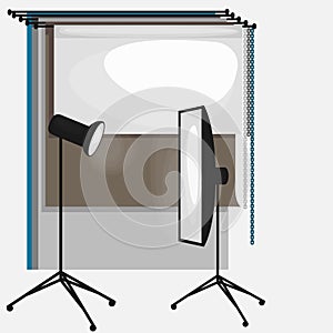 Set of photo studio equipment, paper photo background, light soft flat icons, flash, reflector, softbox
