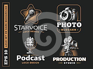 Set photo, vdeo, audio logo - vector illustration, emblem on black background