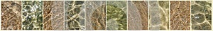 A set of photographs of the transparent surface of sea water in green and beige with pebbles at the bottom. Collage. Panorama
