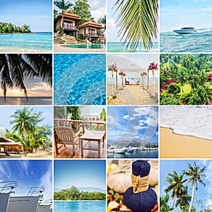 Set of photos about different traveling destinations and activities in Thailand.