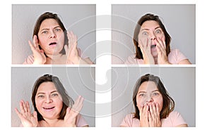 Set of photos of an elderly woman in shock raised her hands, bright emotions on her face, the concept of an surprise, strong