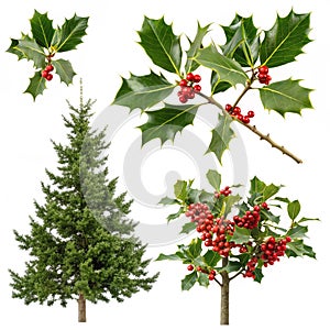 A set of photos of holly and holly trees on white background
