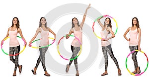 The set of photos with woman and hula hoop