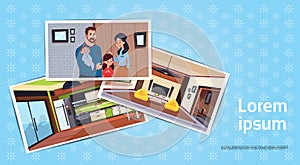 Set Of Photos Of Young Family In New Home In Living Room And Kitchen Buying House Concept