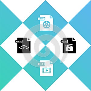 Set PHP file document, MP4, AVI and MOV icon. Vector