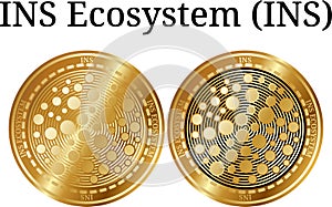 Set of physical golden coin INS Ecosystem (INS), digital cryptocurrency. INS Ecosystem (INS) icon set.