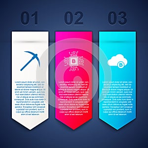 Set Pickaxe, CPU mining farm and Cryptocurrency cloud. Business infographic template. Vector