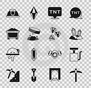 Set Pickaxe, Handle detonator, Gem stone, Dynamite, Giant magnet holding iron dust, Mine coal trolley, Miner helmet and