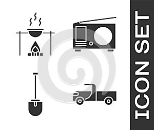 Set Pickup truck, Campfire and pot, Shovel and Radio with antenna icon. Vector.