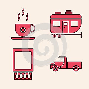 Set Pickup truck, Coffee cup, Rv Camping trailer and Open matchbox and matches icon. Vector