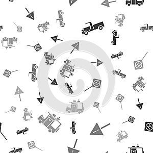 Set Pickup truck, Exclamation mark in triangle, Parking and Rv Camping trailer on seamless pattern. Vector