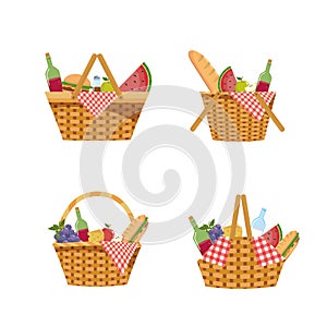 Set of picnic hamper with food and tablecloth