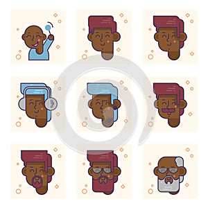 Set of pictograms with a african american person of different ages. From baby boy to adult man vector concept.