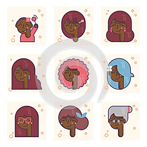Set of pictograms with a african american person of different ages. From baby girl to adult woman vector concept.