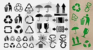 Set of pictograms for the recycling symbols for plastic products and other products. Recycle and some packaging sign. Vector