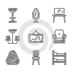 Set Picture, Chair, Bunk bed, Armchair, Pouf, Chandelier, TV table stand and icon. Vector