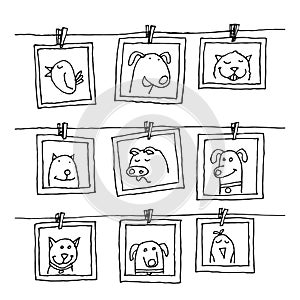 Set picture frames with animals portrait, hand drawn vector illustration