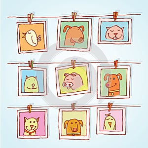 Set picture frames with animals portrait, hand drawn vector illustration