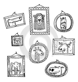 Set picture frames with animals portrait, hand drawn vector illustration