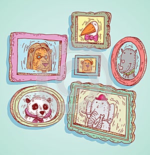 Set picture frames with animals portrait, hand drawn vector illustration