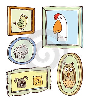 Set picture frames with animals portrait, hand drawn vector illustration