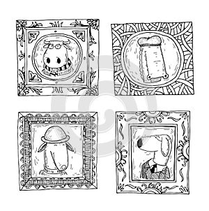 Set picture frames with animals portrait, hand drawn vector illustration