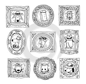 Set picture frames with animals portrait, hand drawn vector illustration