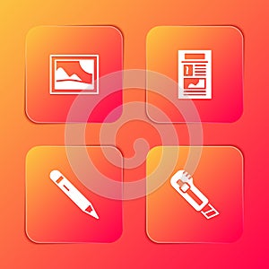 Set Picture landscape, News, Pencil with eraser and Stationery knife icon. Vector