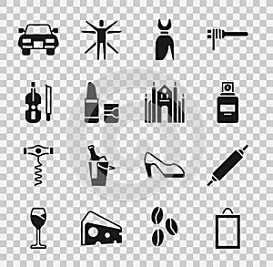 Set Picture, Rolling pin, Perfume, Woman dress, Lipstick, Violin, Car and Milan Cathedral icon. Vector