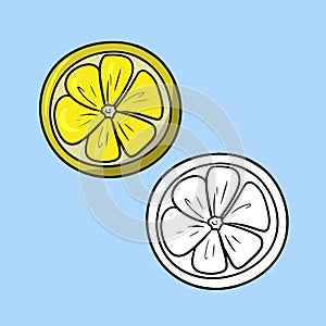 A set of pictures, a bright round slice of lemon, ingredients for making tea, cocktails, pastries, vector cartoon