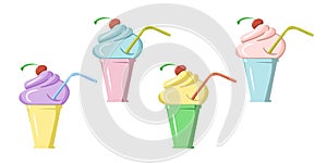 A set of pictures, Cold cherry ice cream, delicious milkshake with a drinking tube, cartoon vector flat