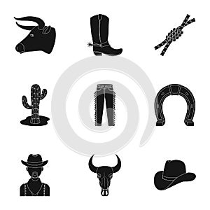 A set of pictures about cowboys. Cowboys on the ranch, horses, weapons, whips.Rodeo icon in set collection on black