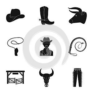 A set of pictures about cowboys. Cowboys on the ranch, horses, weapons, whips.Rodeo icon in set collection on black