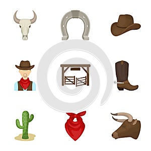 A set of pictures about cowboys. Cowboys on the ranch, horses, weapons, whips.Rodeo icon in set collection on cartoon