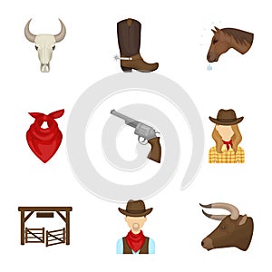 A set of pictures about cowboys. Cowboys on the ranch, horses, weapons, whips.Rodeo icon in set collection on cartoon